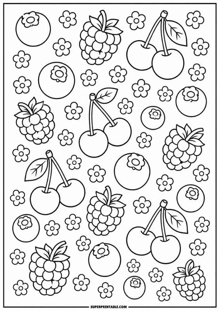 Blueberries, raspberries, cherries, flowers, and leaves.