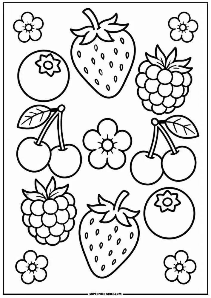 Strawberry, blueberries, raspberries, cherries, and flowers.