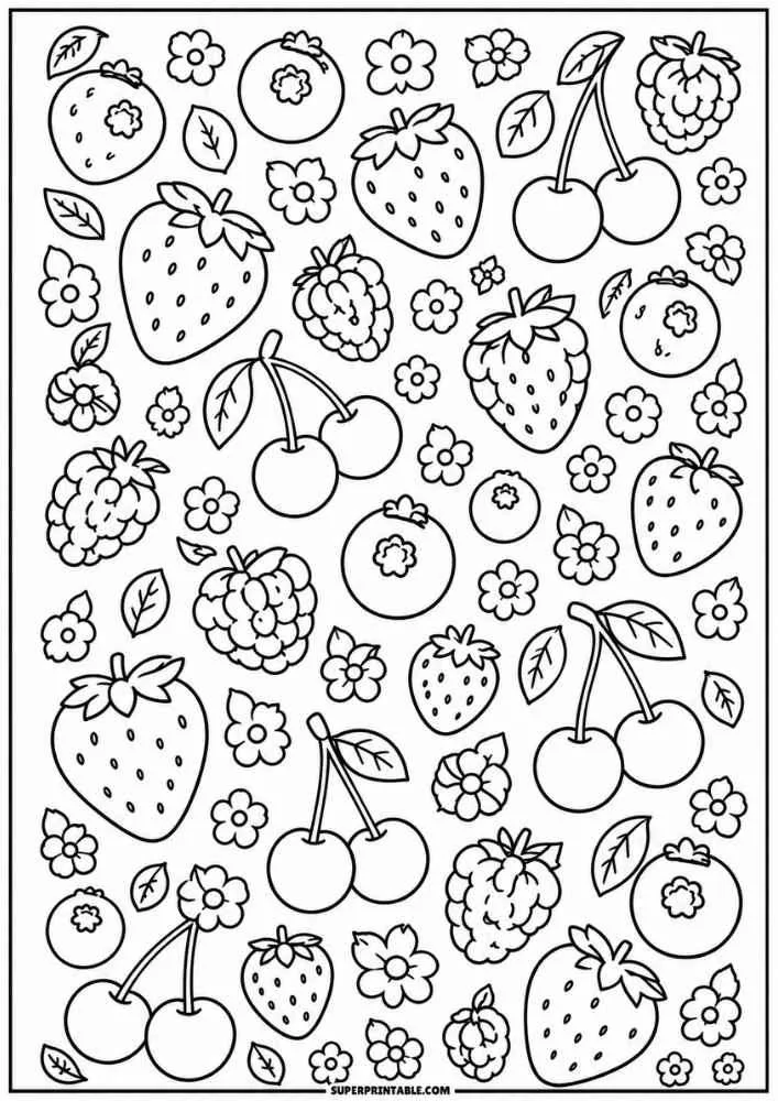 Mixed berries, cherries, flowers, and leaves across the page.