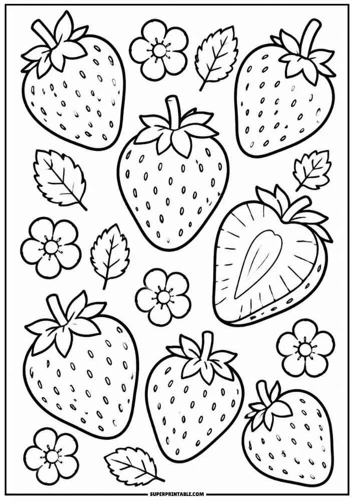 Whole strawberries, one sliced strawberry, flowers, and leaves.