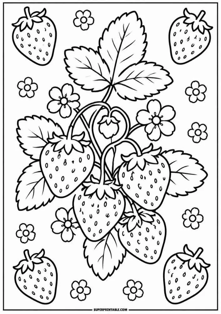 Strawberry plant with ripe berries, leaves, flowers, and extra strawberries.