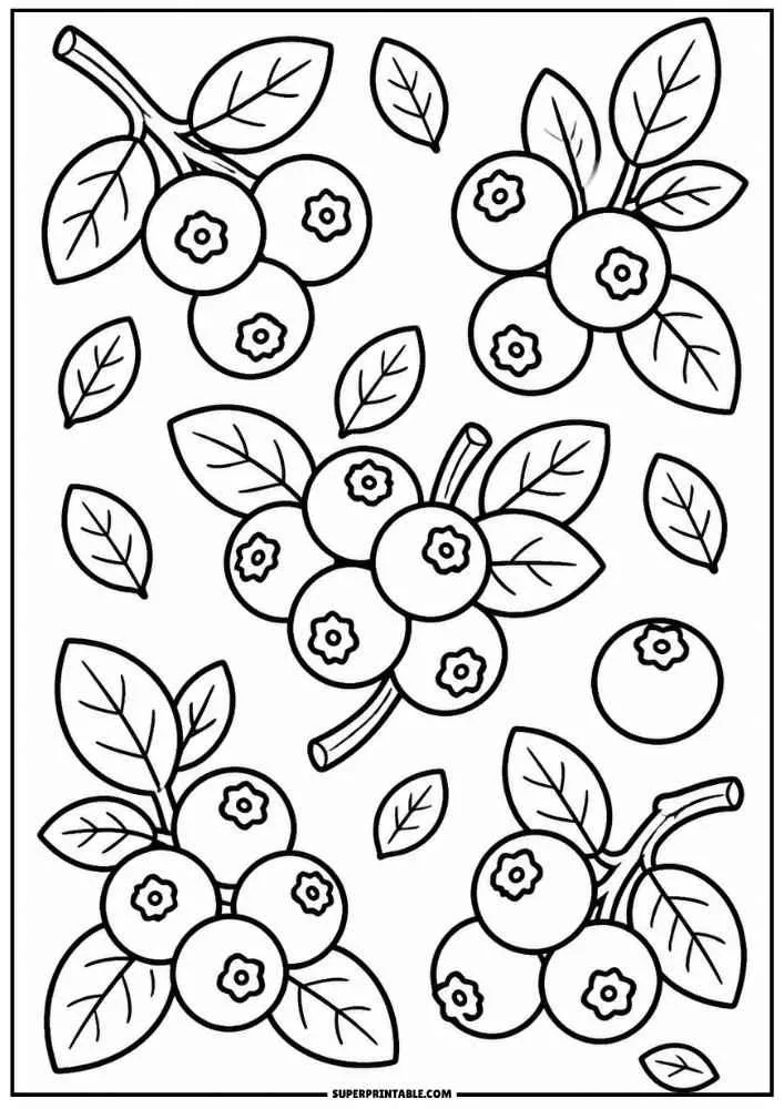 Blueberry branches with berries and scattered leaves.