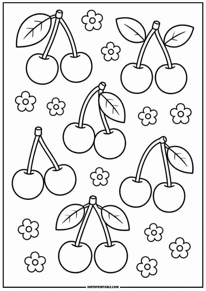 Cherry pairs with leaves and flowers on a coloring page.