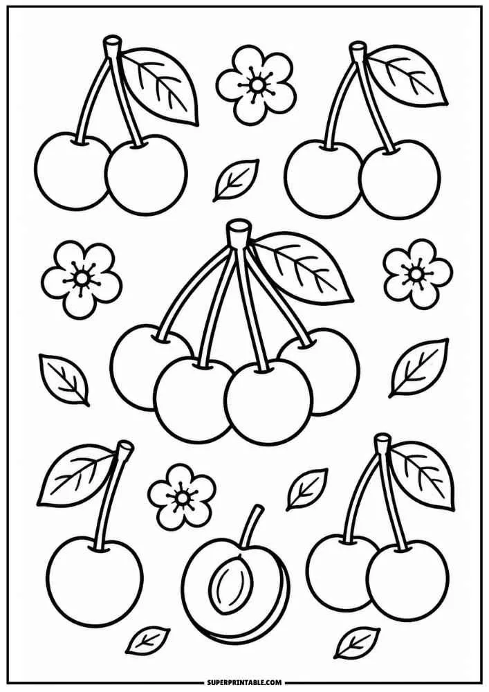 Cherry pairs, one sliced cherry, flowers, and leaves.