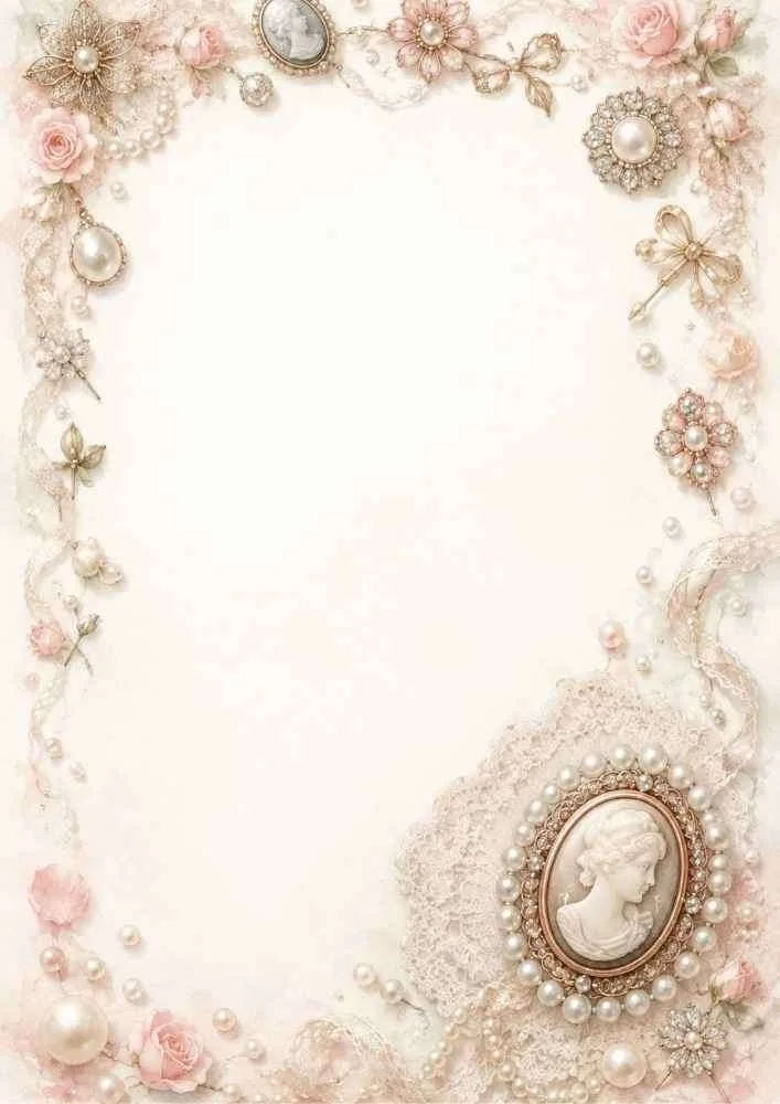 Watercolor border with vintage cameo brooches, pearls, lace, and pink roses.