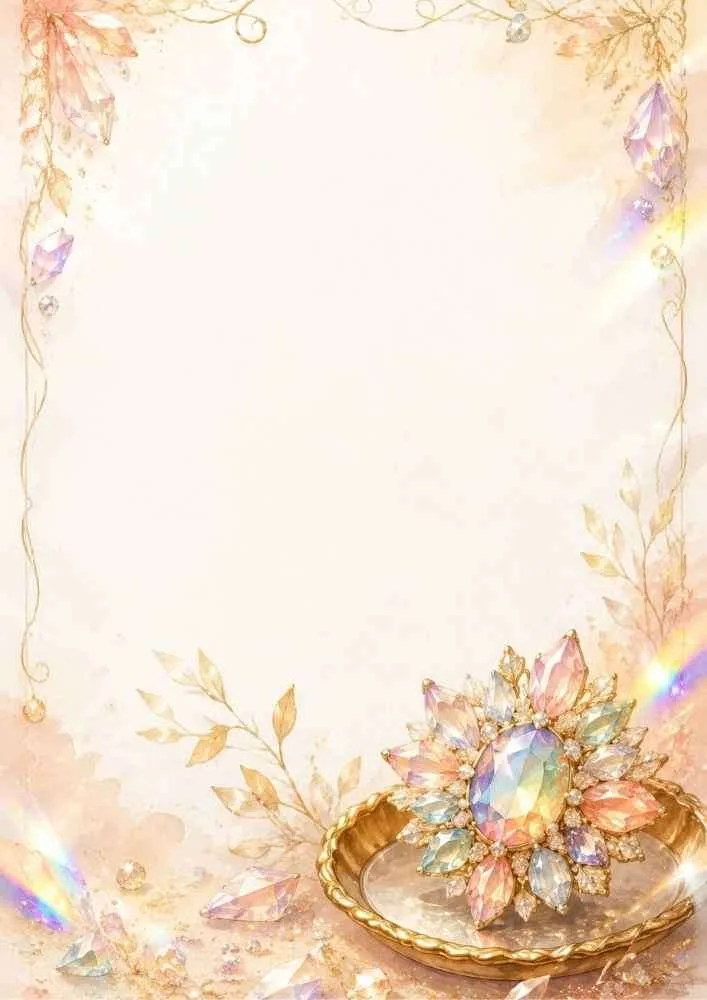 Watercolor border with a rainbow crystal brooch and sparkling gemstones.