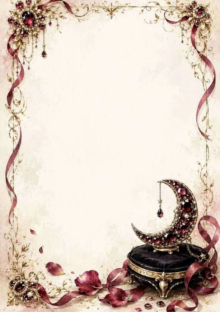 Watercolor border with a ruby crescent moon brooch and elegant ribbons.