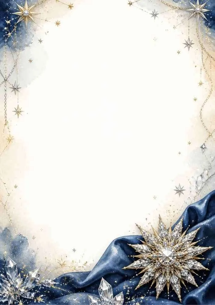 Watercolor border with a starburst brooch, crystals, and blue satin.