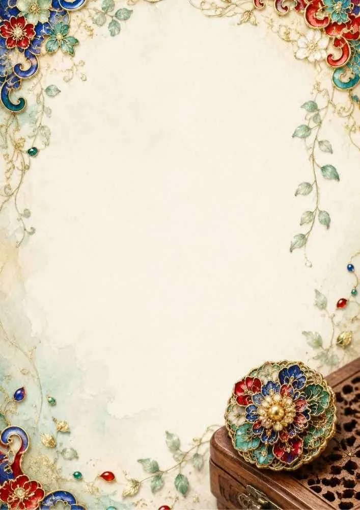 Watercolor border with a colorful enamel floral brooch and carved wooden box.