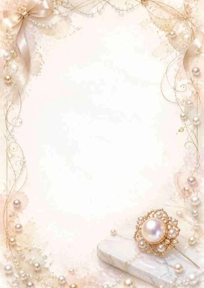 Watercolor border with pearls, ribbons, and a classic pearl brooch.