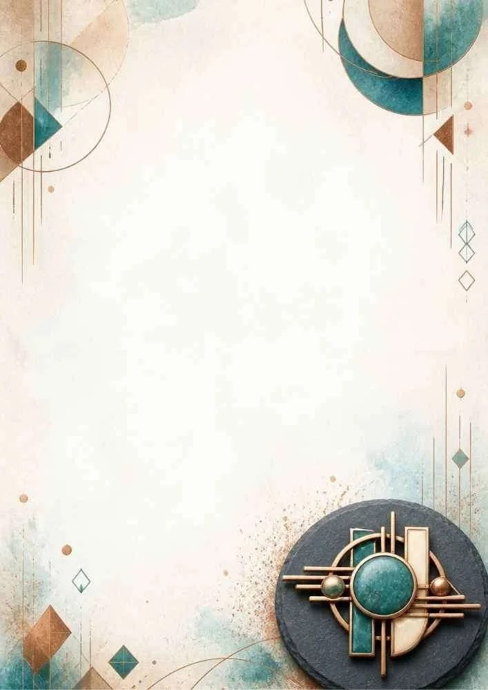 Watercolor border with a geometric Art Deco brooch in teal and gold.