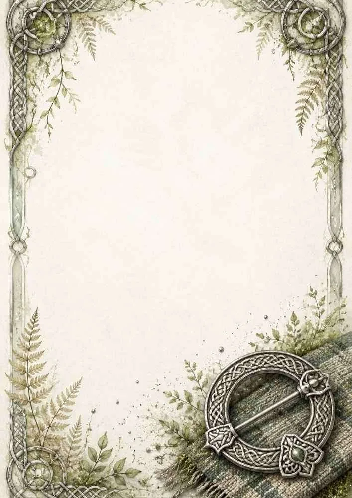 Watercolor border with a Celtic knot brooch and leafy greenery.