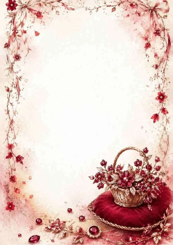 Watercolor border with ruby flowers, gemstones, and a floral basket.