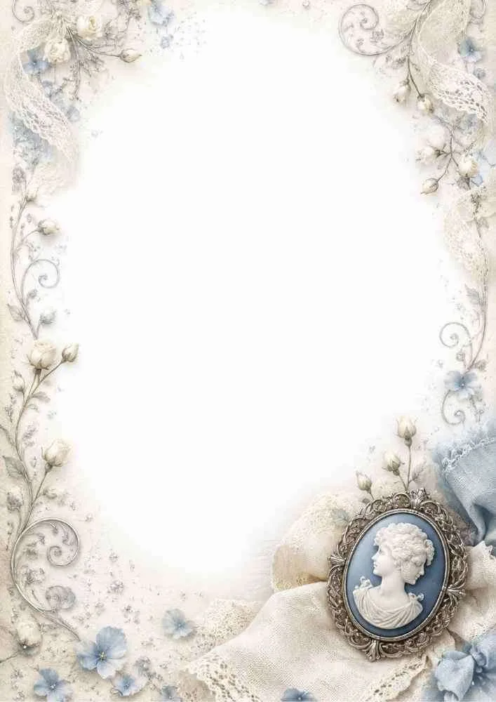 Watercolor border with a blue cameo brooch, lace, and blue flowers.