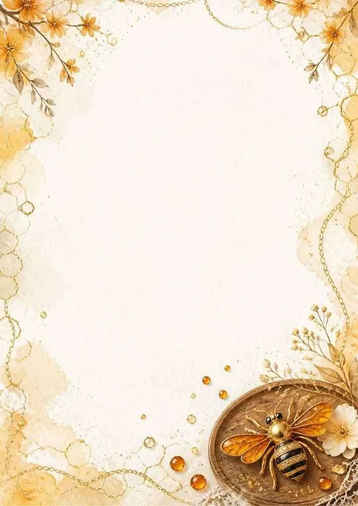 Watercolor border with a golden bee brooch, honeycomb, and flowers.