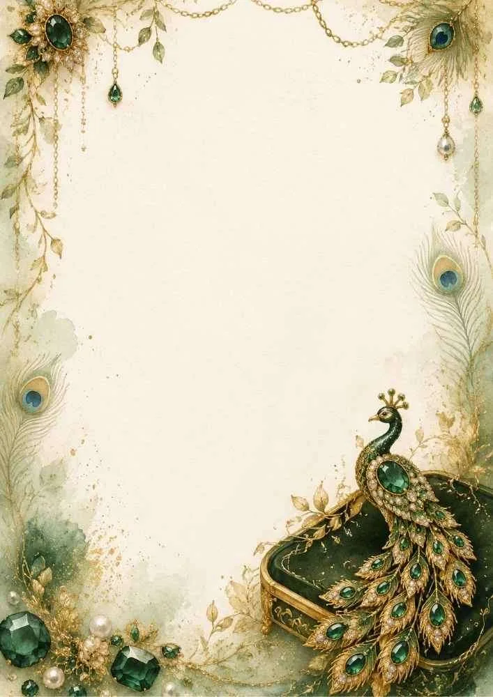 Watercolor border with an emerald peacock brooch, feathers, and gemstones.
