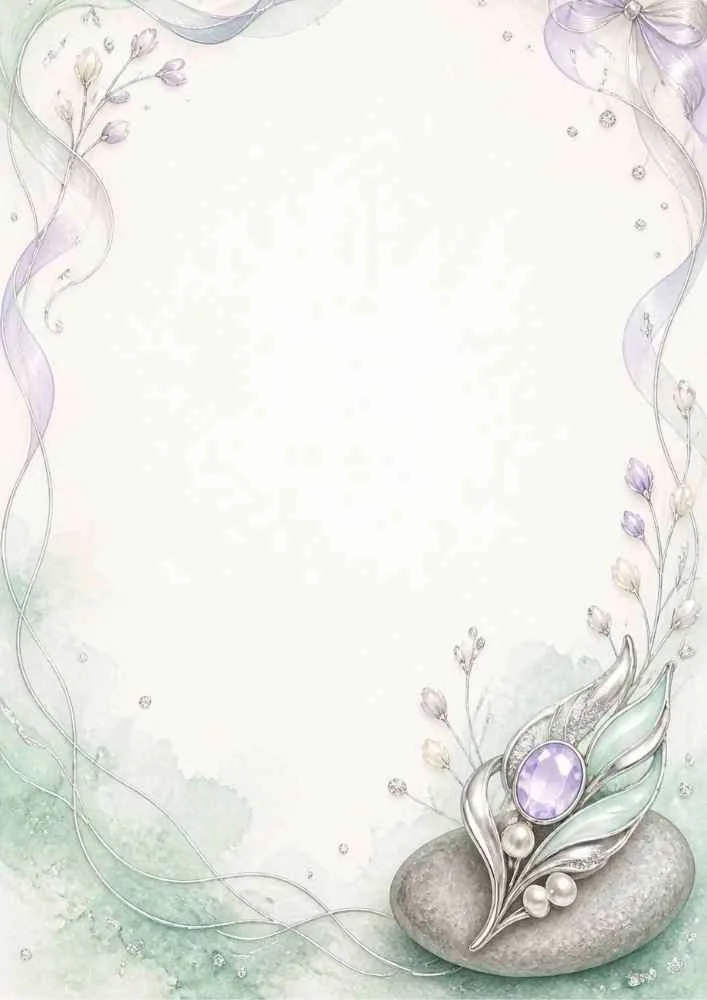 Watercolor border with a pastel feather brooch, ribbons, and pearls.
