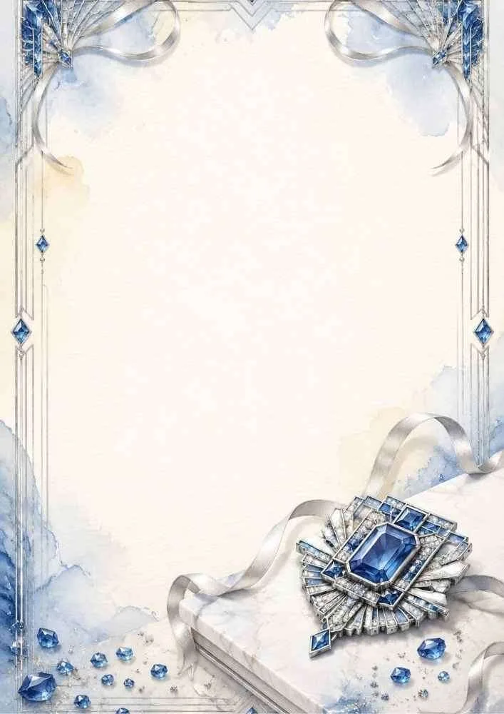 Watercolor border with a sapphire Art Deco brooch and blue gemstones.