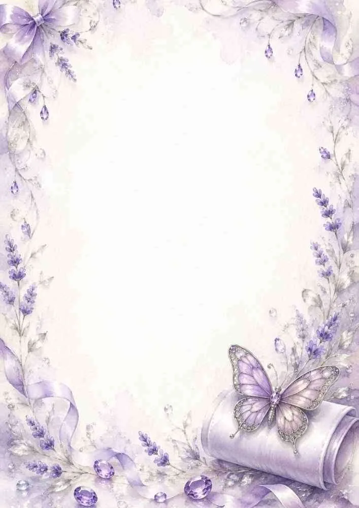 Watercolor border with a butterfly brooch, lavender flowers, and ribbons.