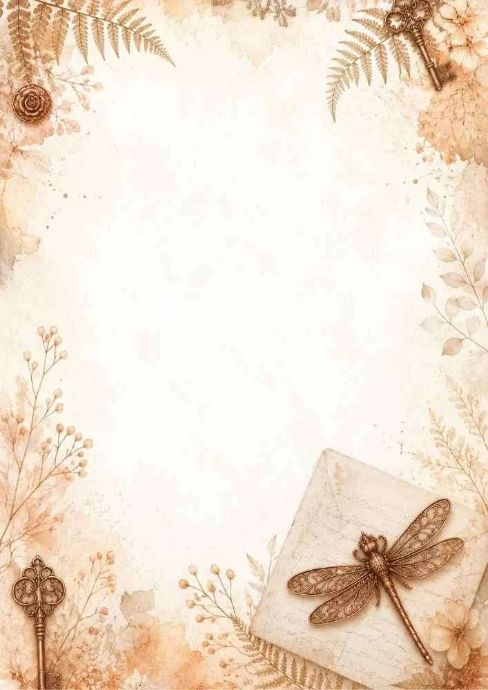 Watercolor border with antique keys, a dragonfly brooch, and vintage paper.