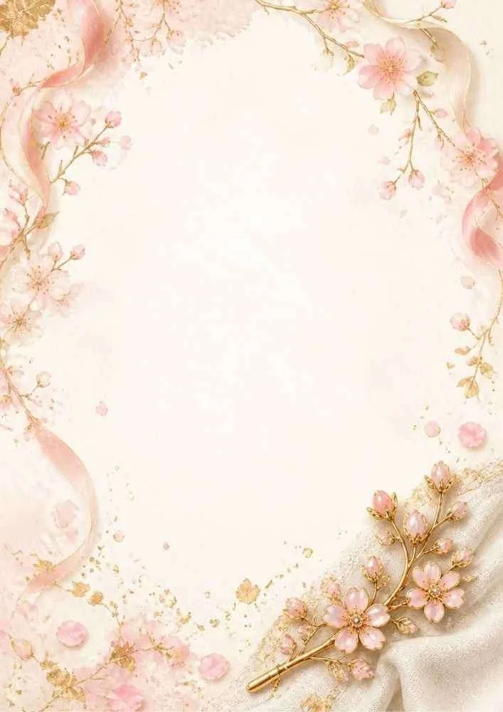 Watercolor border with cherry blossoms, ribbons, and a floral brooch.