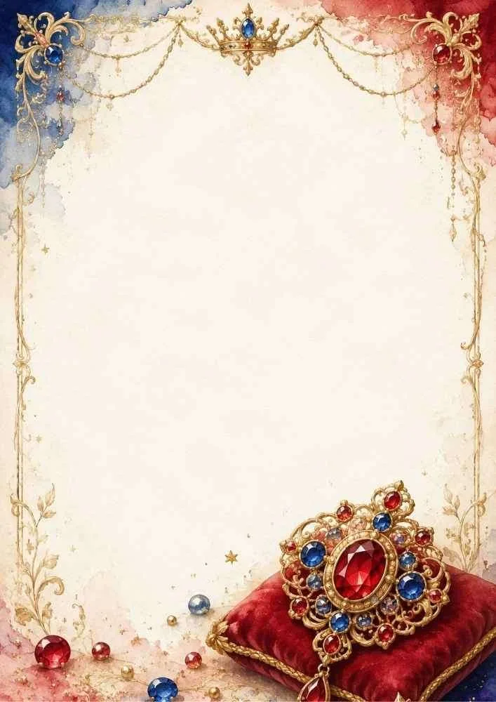 Watercolor border with a royal ruby and sapphire brooch beneath a crown.