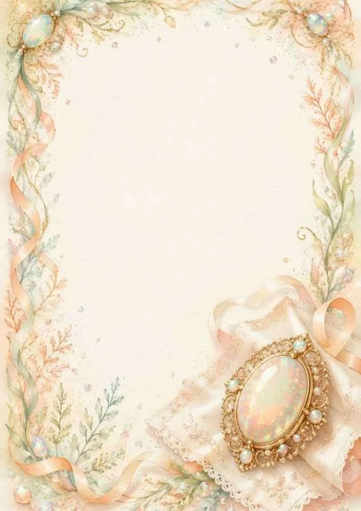 Watercolor border with an opal brooch, pastel ribbons, and floral accents.