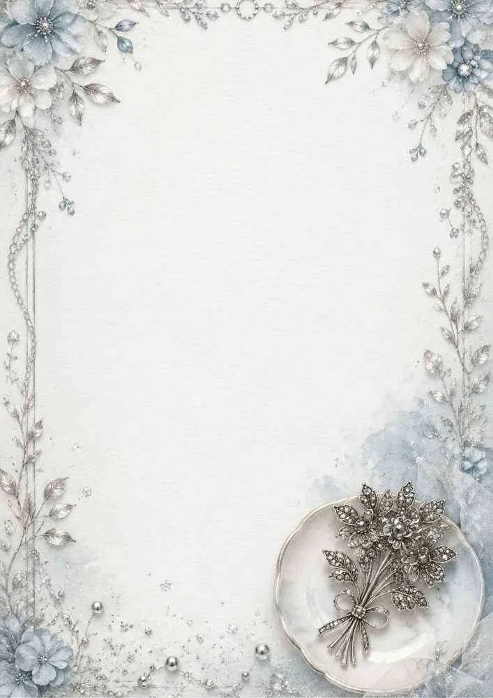 Watercolor border with a silver floral brooch and blue blossoms.