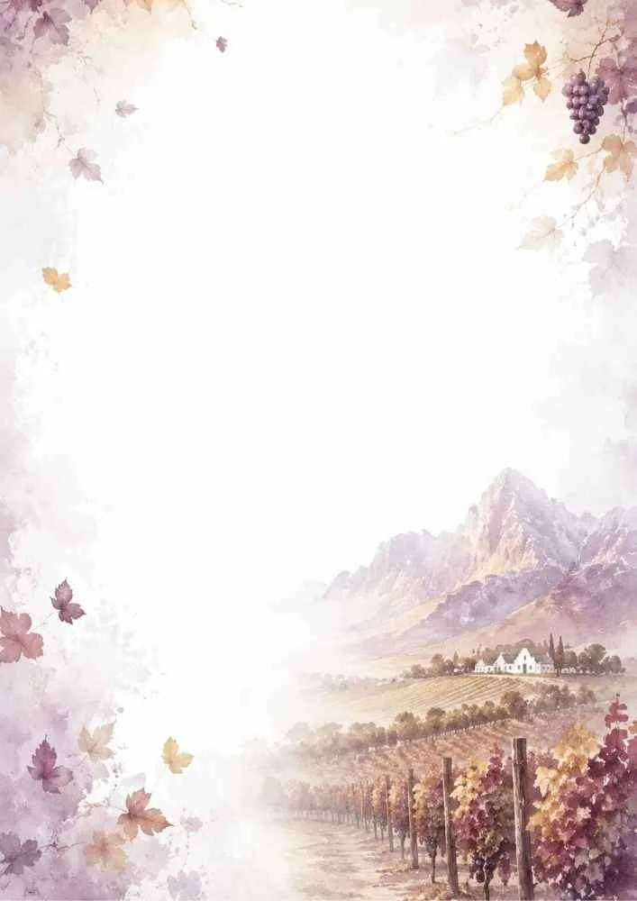 Watercolor vineyard border with grapes, mountains, and a scenic wine country landscape.