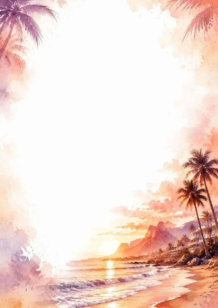 Watercolor tropical beach border with palm trees, ocean, and sunset.