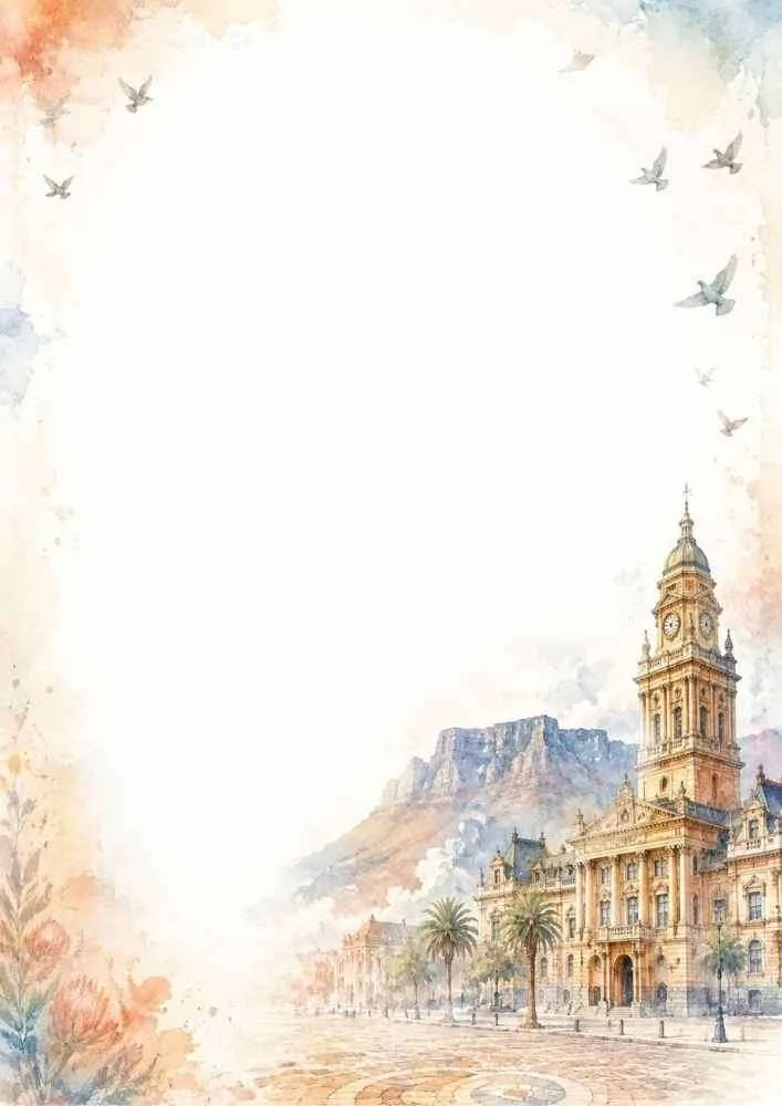 Watercolor border with historic city hall, mountains, palm trees, and birds.