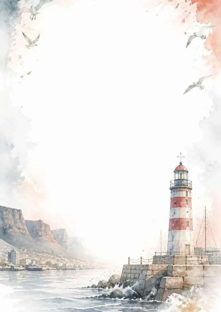 Watercolor lighthouse border with harbor, seabirds, waves, and coastal scenery.
