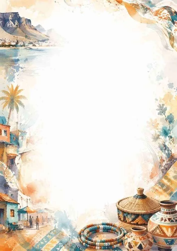 Watercolor cultural border with village houses, baskets, pottery, beads, and coastline.
