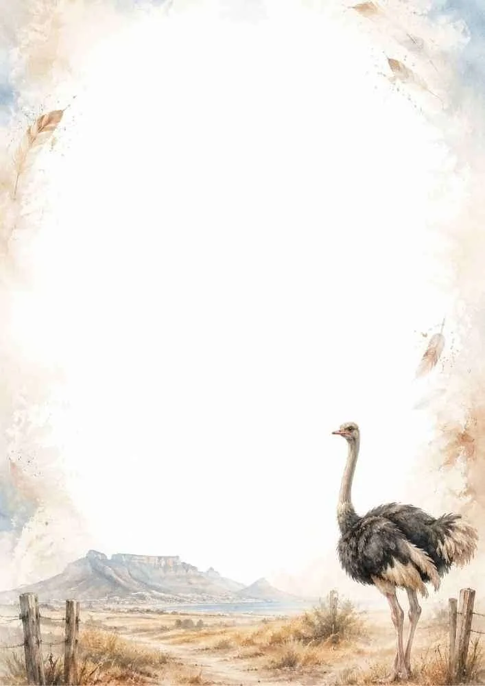 Watercolor border with ostrich, grasslands, fence, and distant mountains.