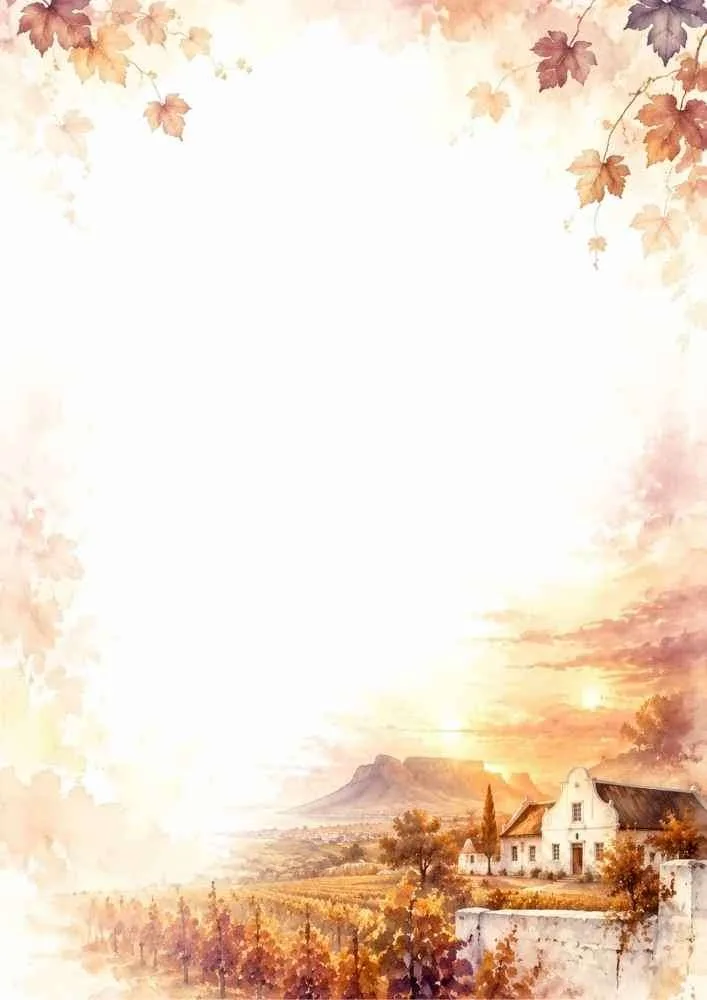 Watercolor autumn vineyard border with colorful vines, cottages, and sunset.