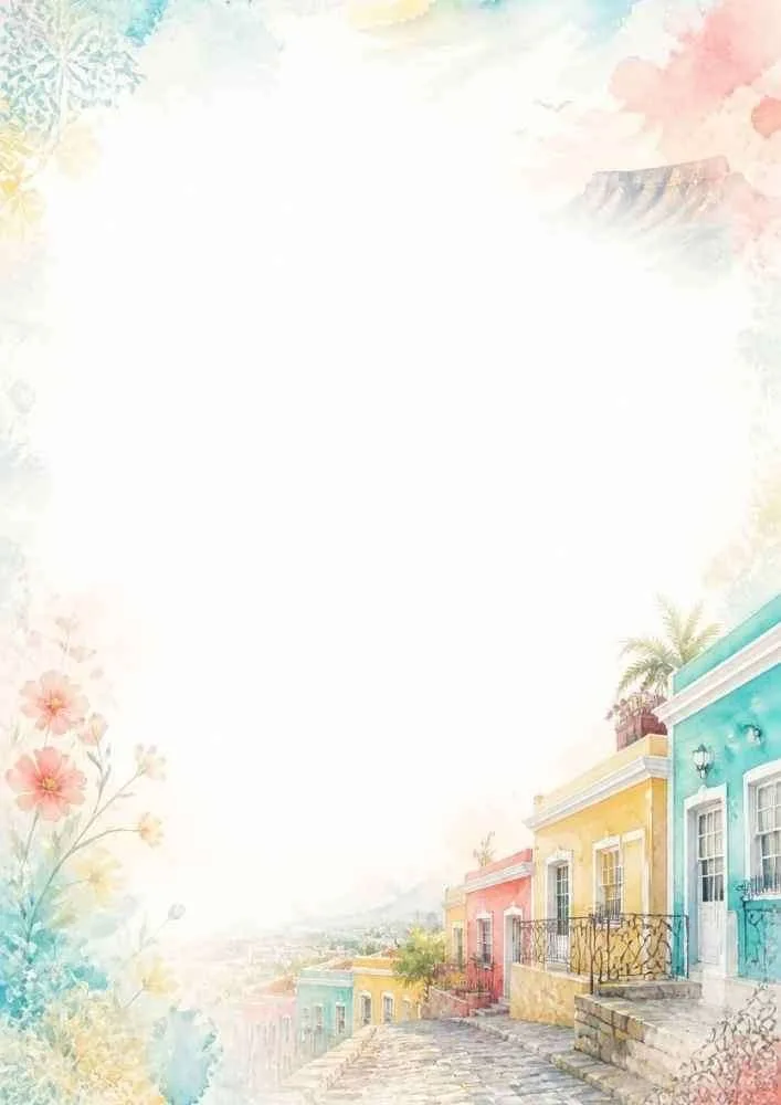 Watercolor border with colorful houses, flowers, and a charming cobblestone street.