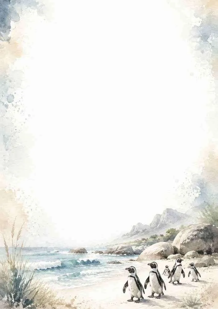 Watercolor beach border with penguins, ocean waves, rocks, and distant mountains.