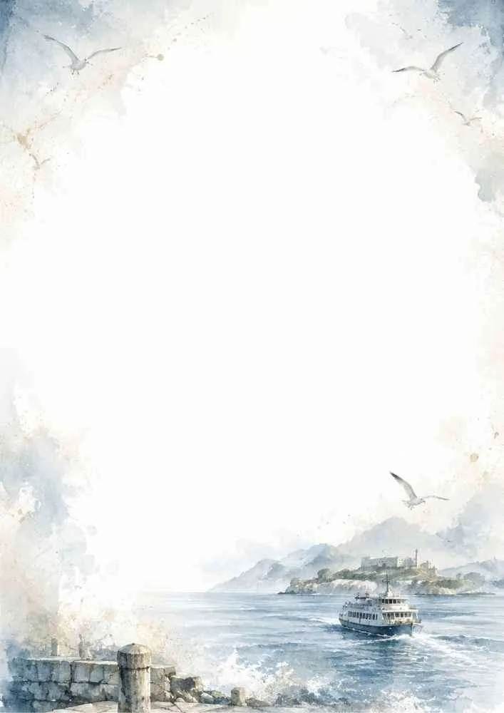 Watercolor harbor border with ferry boat, seabirds, and a peaceful coastal landscape.