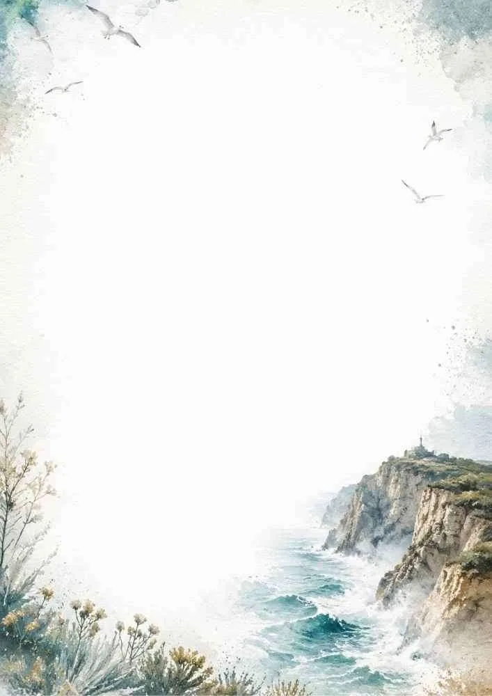 Watercolor coastal border with ocean cliffs, waves, and flying seabirds.