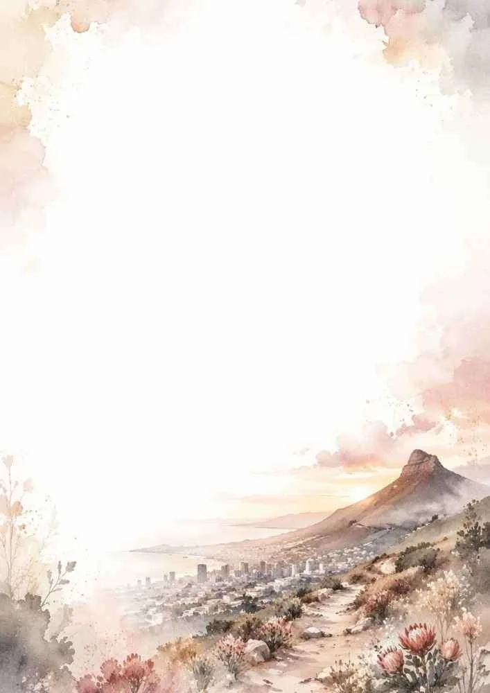 Watercolor border with mountain trail, coastal city, sunset, and wildflowers.