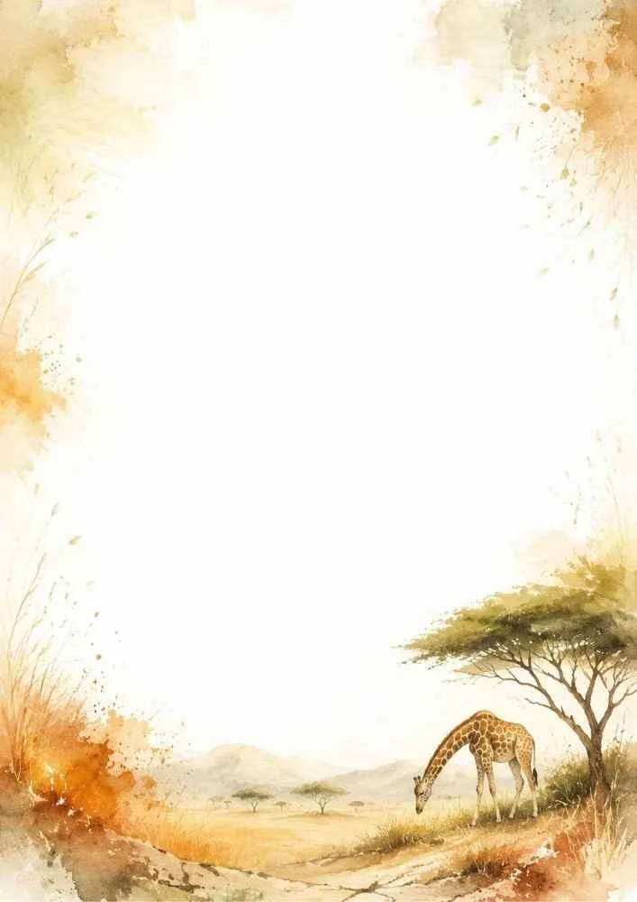 Watercolor safari border with giraffe, acacia tree, and African savanna.