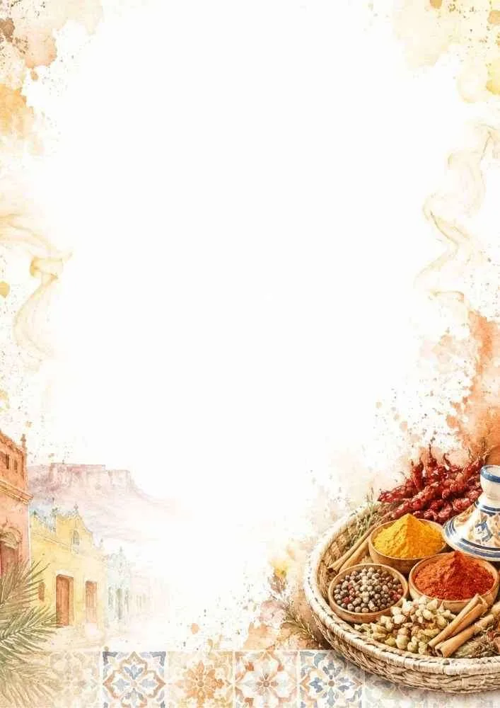 Watercolor border with spices, herbs, pottery, and a traditional market scene.