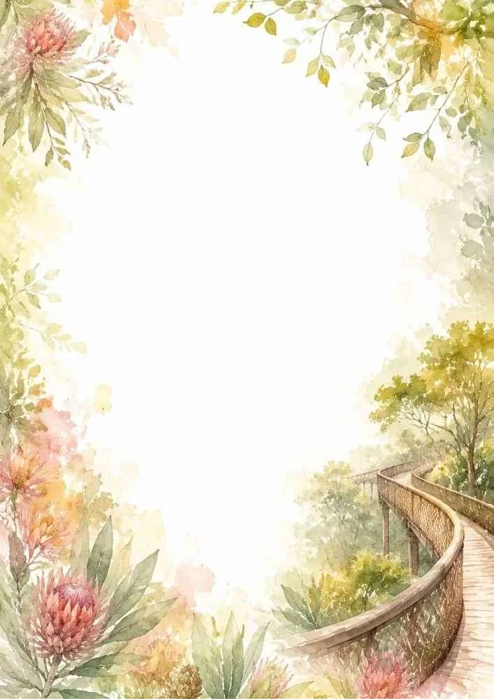 Watercolor garden border with flowers, trees, and a winding wooden walkway.