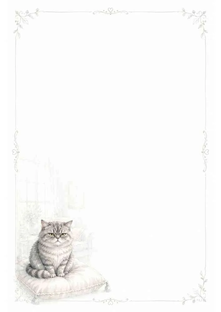 Gray cat on a cushion with a floral border and a large blank writing area.