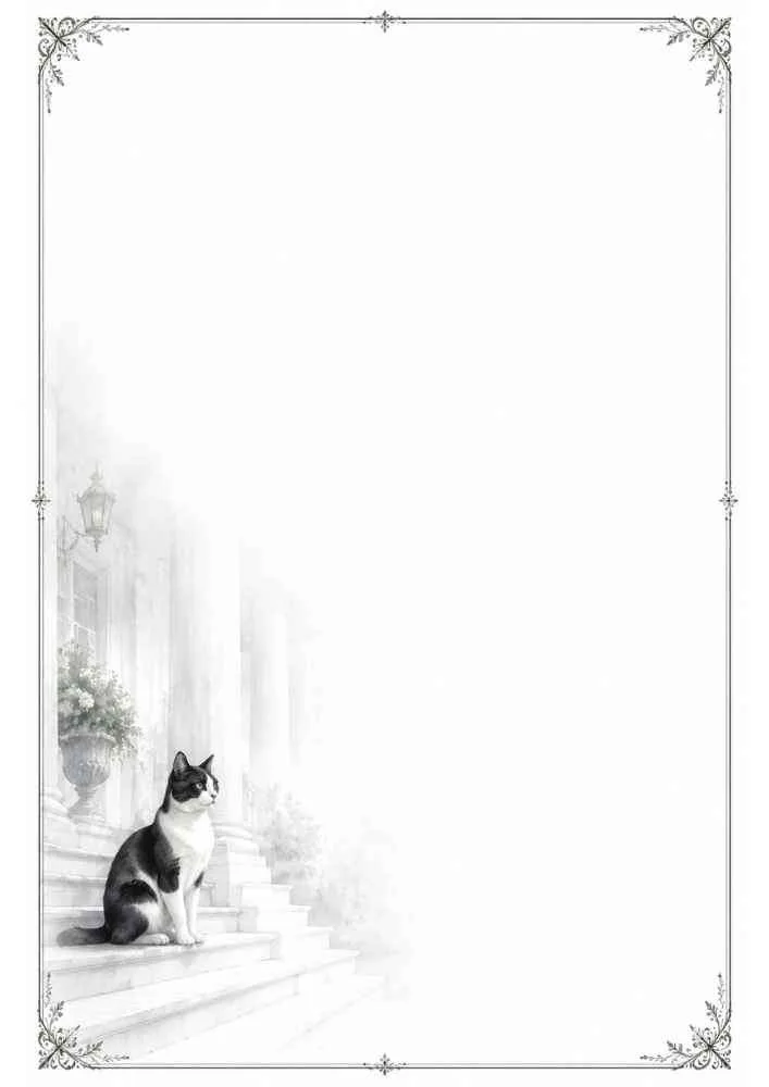 Black and white cat on stone steps with a decorative border.