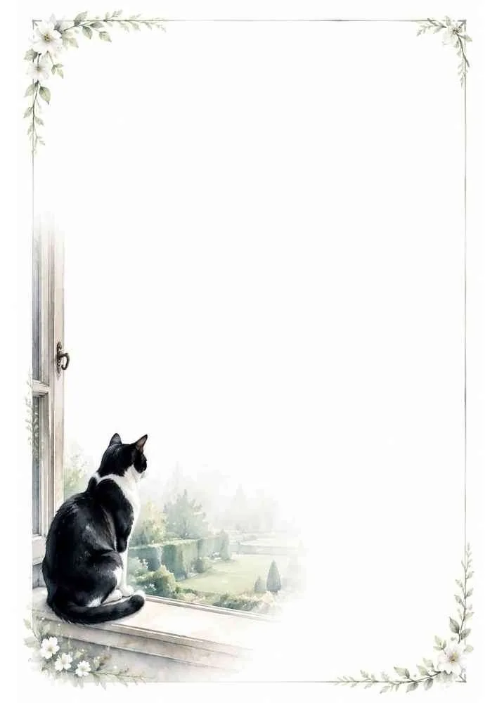 Black and white cat looking out a window with a floral border.