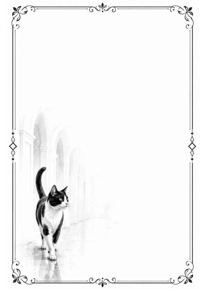 Black and white cat walking in a hallway with a decorative border.