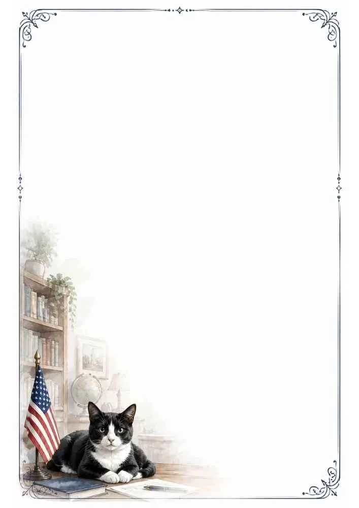 Black and white cat beside books and a desk with a writing border.