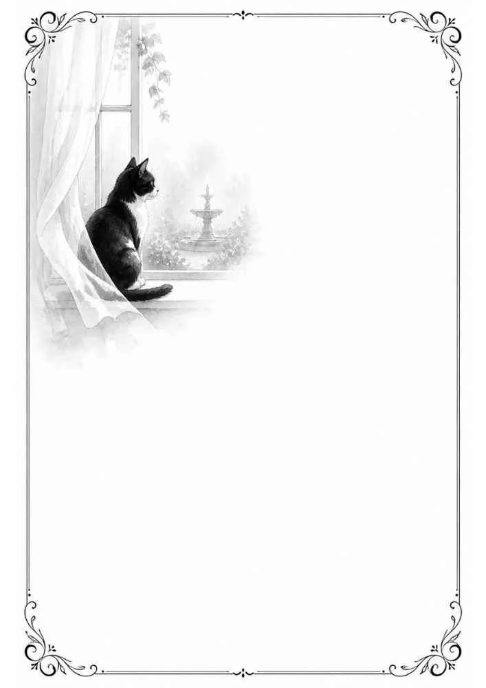Black and white cat by a window with curtains and a blank writing area.