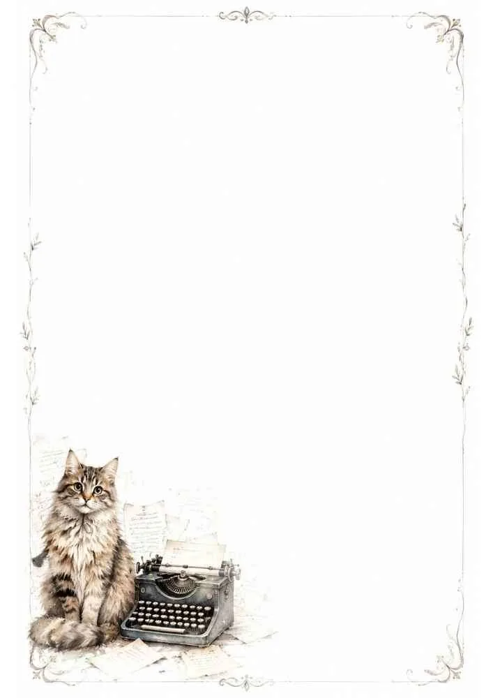 Fluffy kitten beside a vintage typewriter with a floral border.